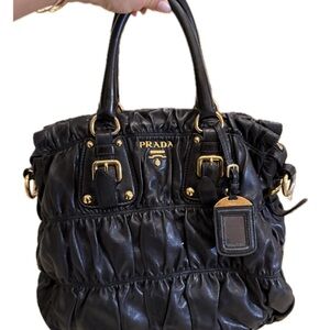 Prada Black Gaufre Leather Shoulder Bag with Gold Hardware
